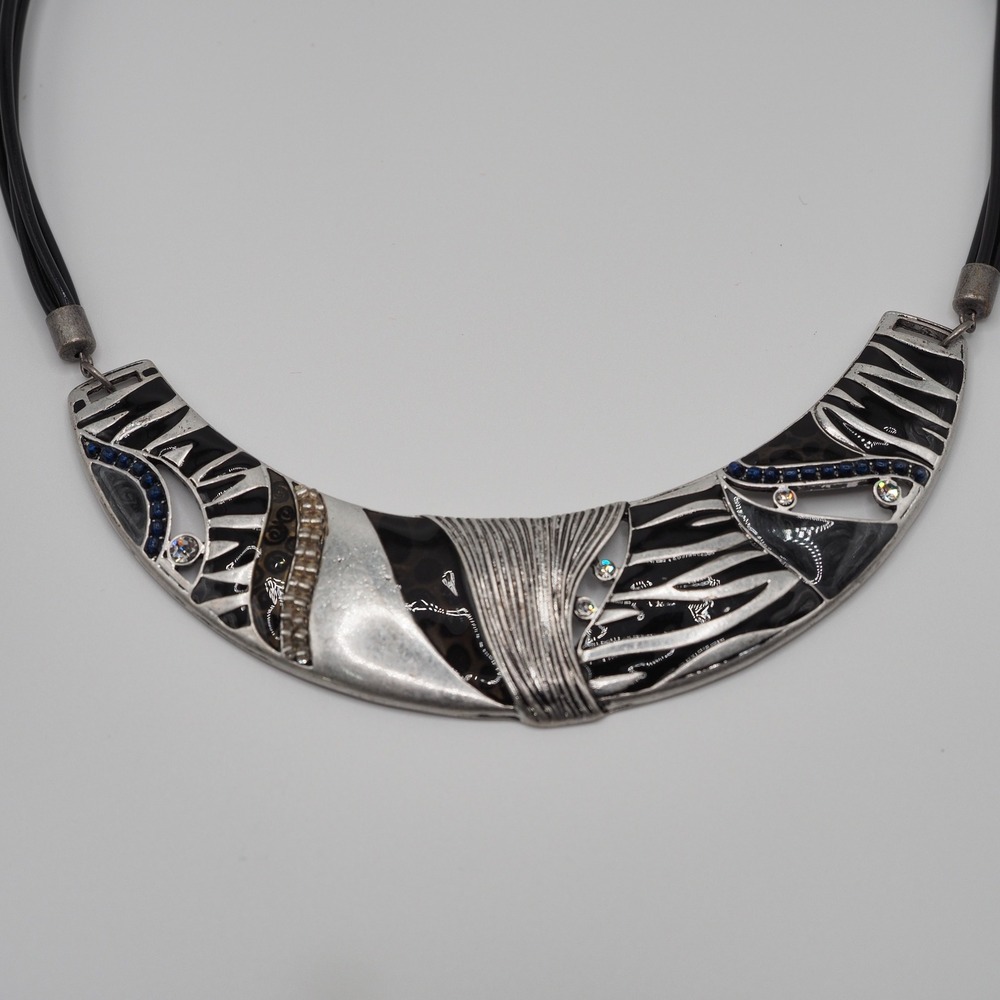 Choker Bib Necklace Black Enamel Silver Tone Cast Metal Animal Print Rhinestone